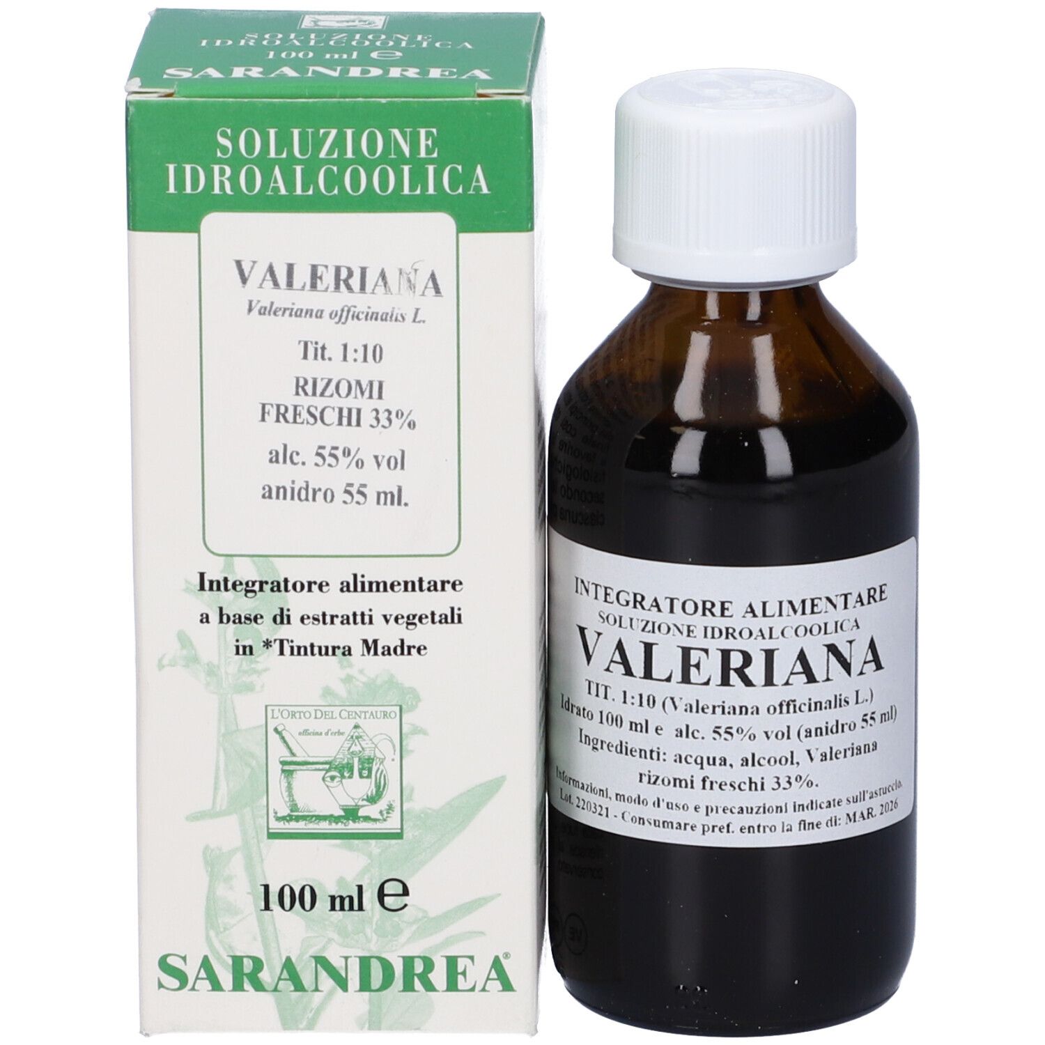 Flacone di vetro marrone con tappo bianco e scatola. Scritta: Valeriana, Integratore Alimentare, 1:10.
