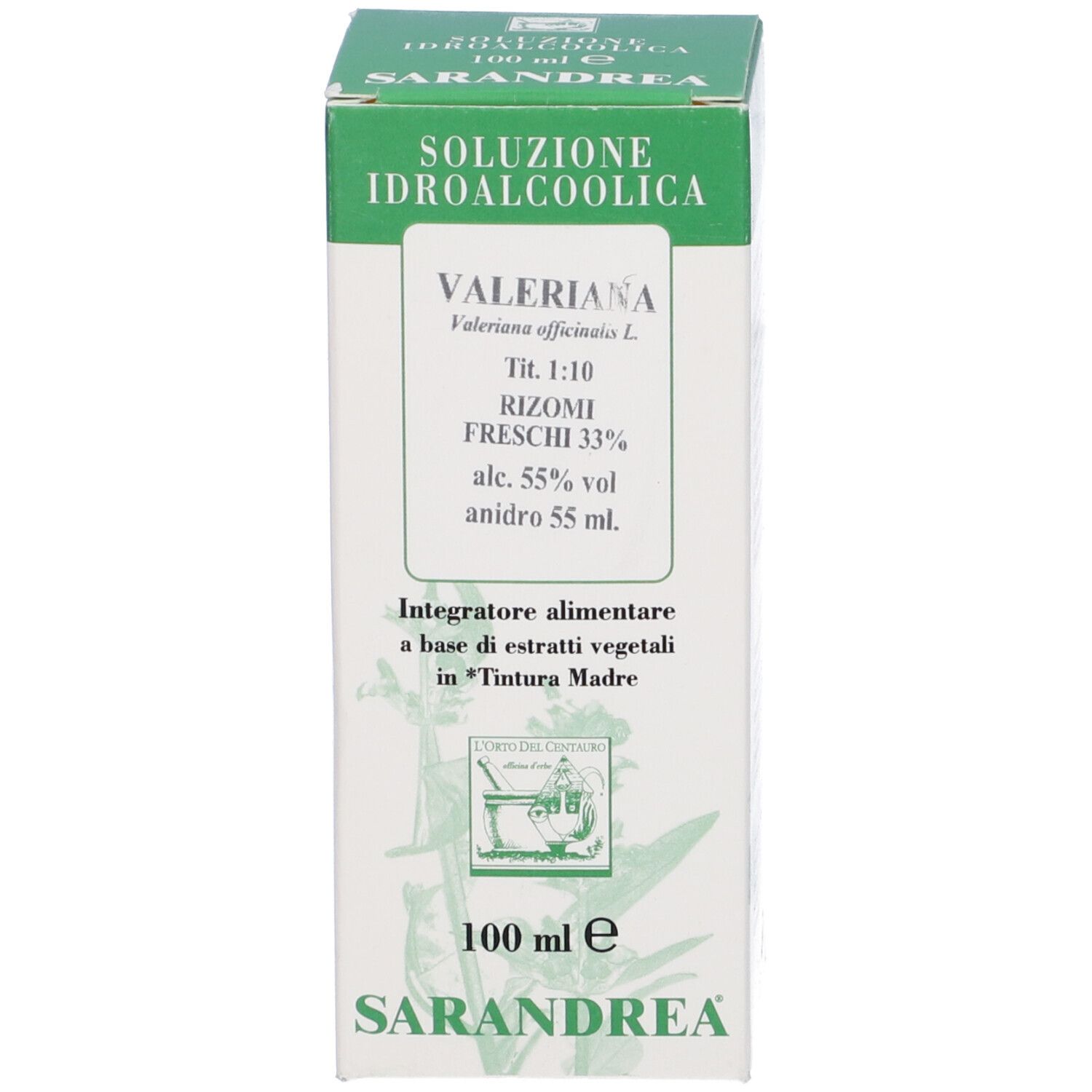 Scatola con scritta: Valeriana, Integratore Alimentare, 1:10. Logo: Sarandrea.
