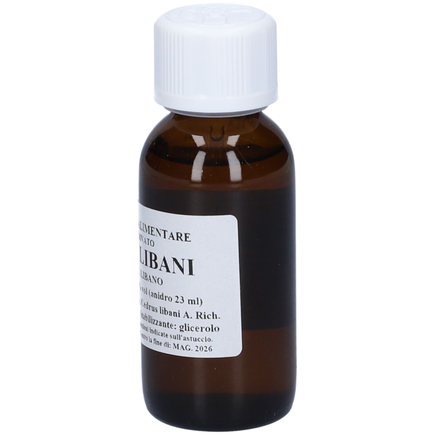 Flacone di vetro marrone con tappo bianco ed etichetta. Scritta: Cedrus Libani, Cedro del Libano. Contiene 60 ml.