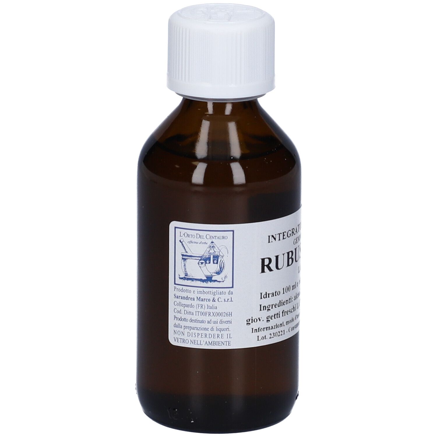 Flacone di vetro marrone con tappo bianco ed etichetta. L'etichetta riporta 'RUBUS'.