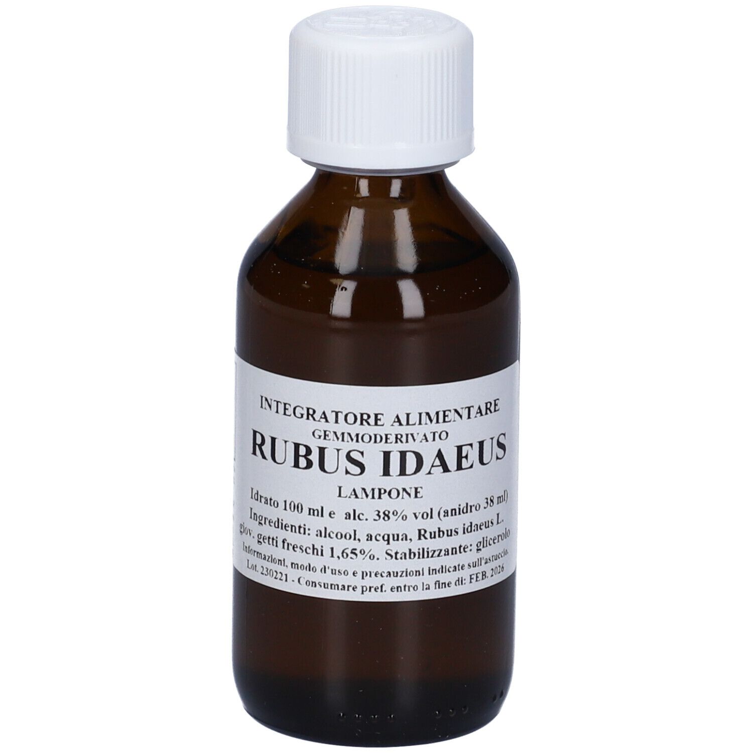Flacone di vetro marrone con tappo bianco ed etichetta. L'etichetta riporta 'RUBUS IDAEUS'.