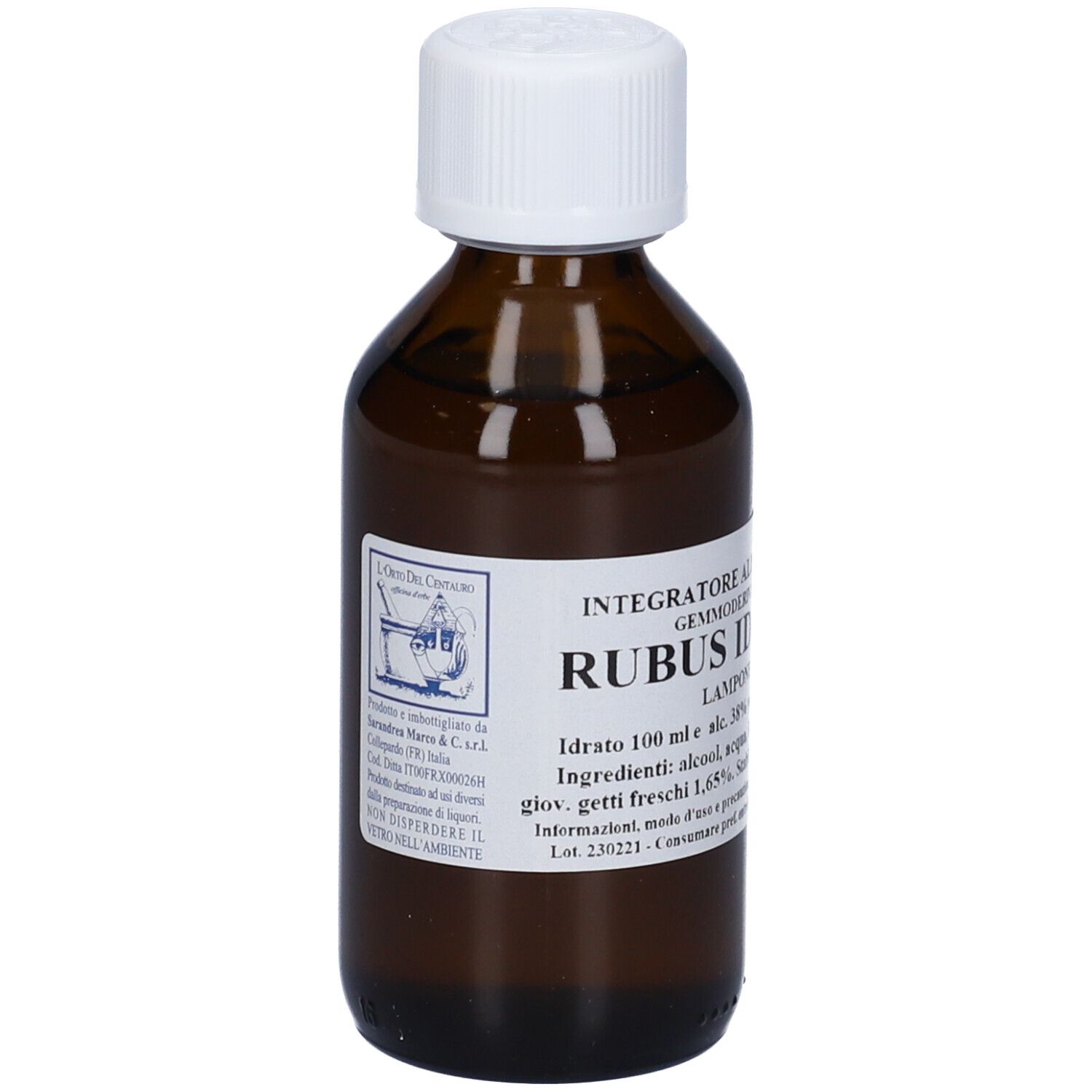 Flacone di vetro marrone con tappo bianco ed etichetta. L'etichetta riporta 'RUBUS IDAEUS'.