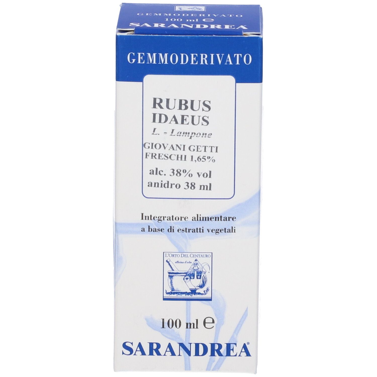 Scatola blu con testo bianco. Sulla scatola c'è scritto 'SARANDREA' e 'RUBUS IDAEUS'.