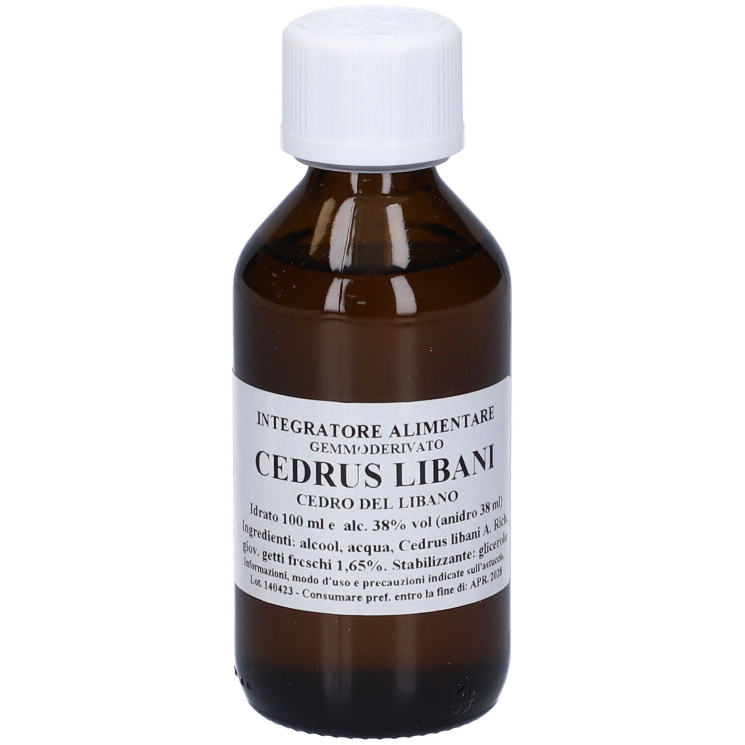 Flacone di vetro marrone con tappo bianco. L'etichetta riporta "CEDRUS LIBANI".