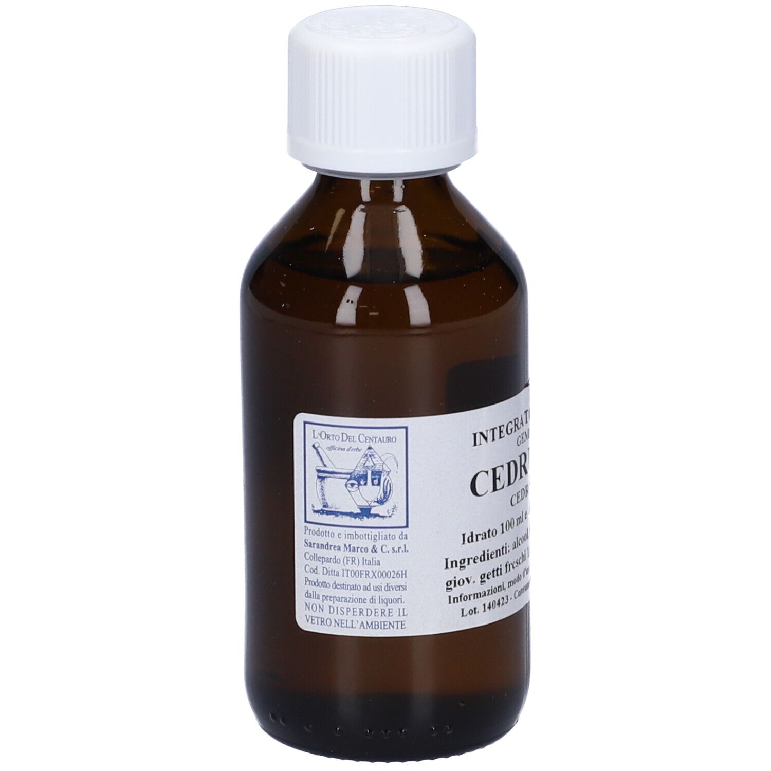 Flacone di vetro marrone con tappo bianco. L'etichetta riporta "CEDRUS LIBANI".