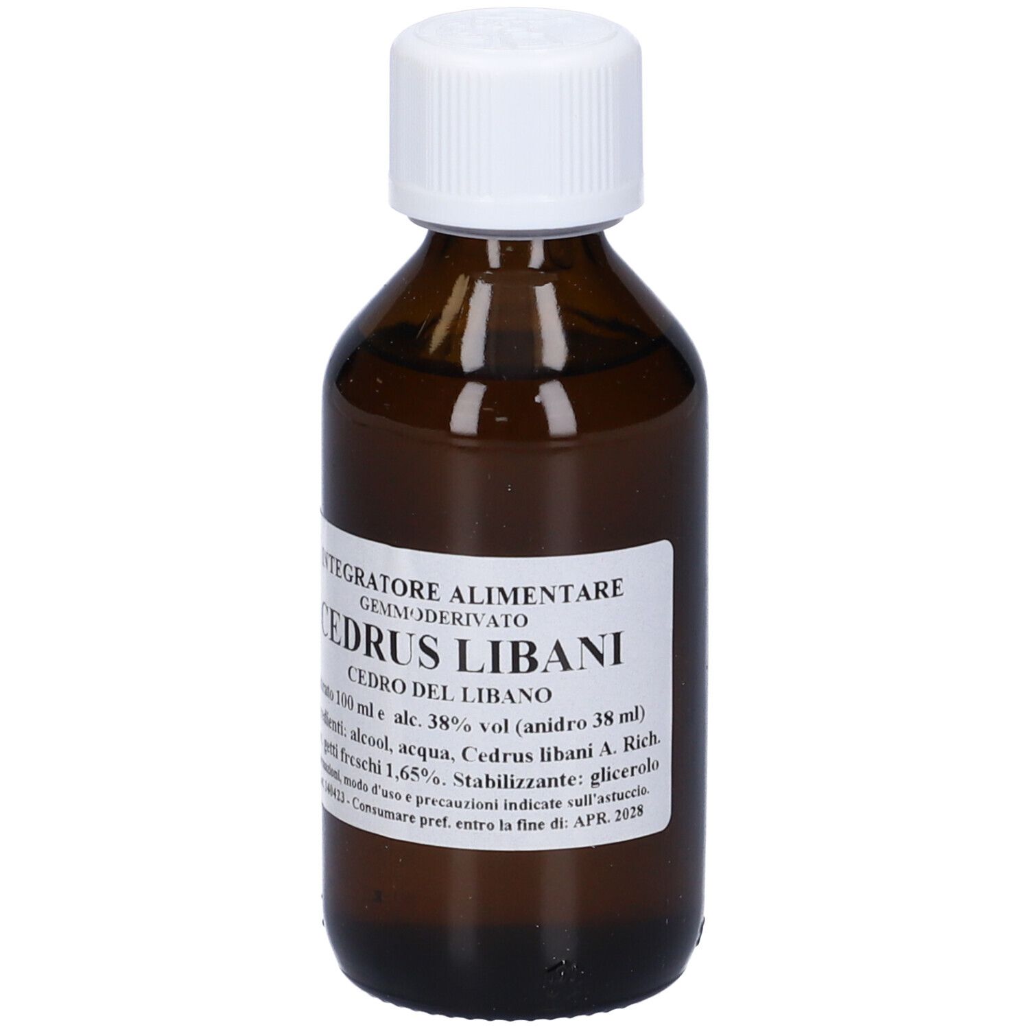 Flacone di vetro marrone con tappo bianco. L'etichetta riporta "CEDRUS LIBANI".
