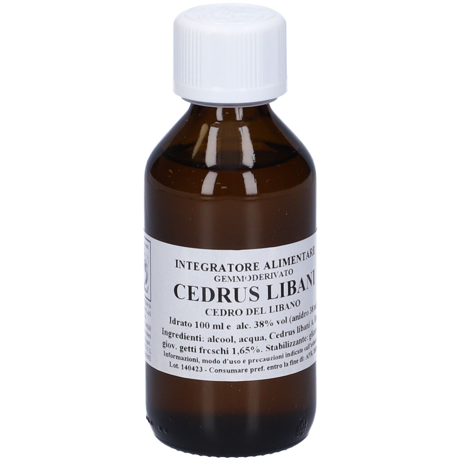 Flacone di vetro marrone con tappo bianco. L'etichetta riporta "CEDRUS LIBANI".