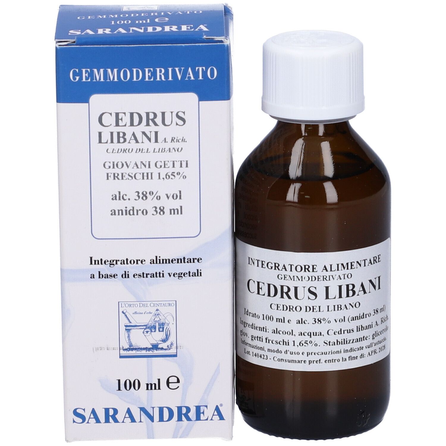 Flacone di vetro marrone con tappo bianco e una scatola. "CEDRUS LIBANI" è scritto sul flacone e sulla scatola.