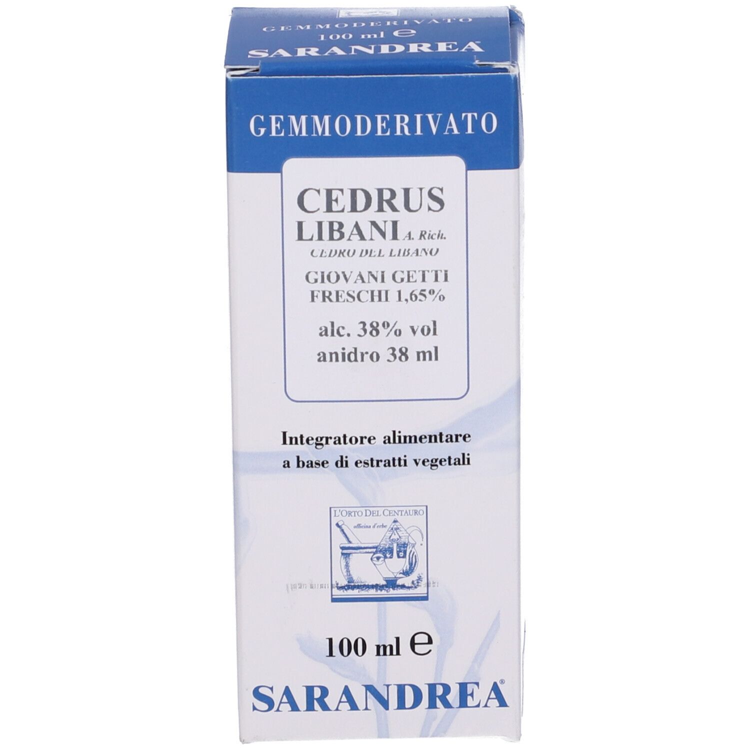 Scatola blu con testo bianco. Sulla scatola c'è scritto "CEDRUS LIBANI" e "SARANDREA".