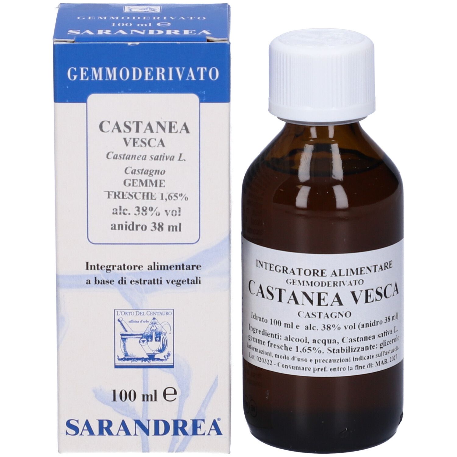 Flacone di vetro marrone con tappo bianco e scatola. Scritte sull'etichetta e sulla scatola. SARANDREA.