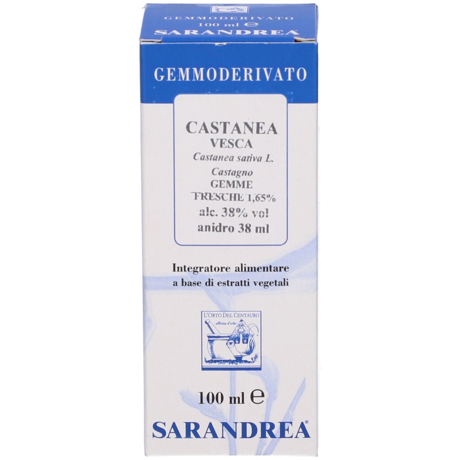 Scatola con testo. SARANDREA. Scritta: GEMMODERIVATO, Castanea Vesca, 100 ml.
