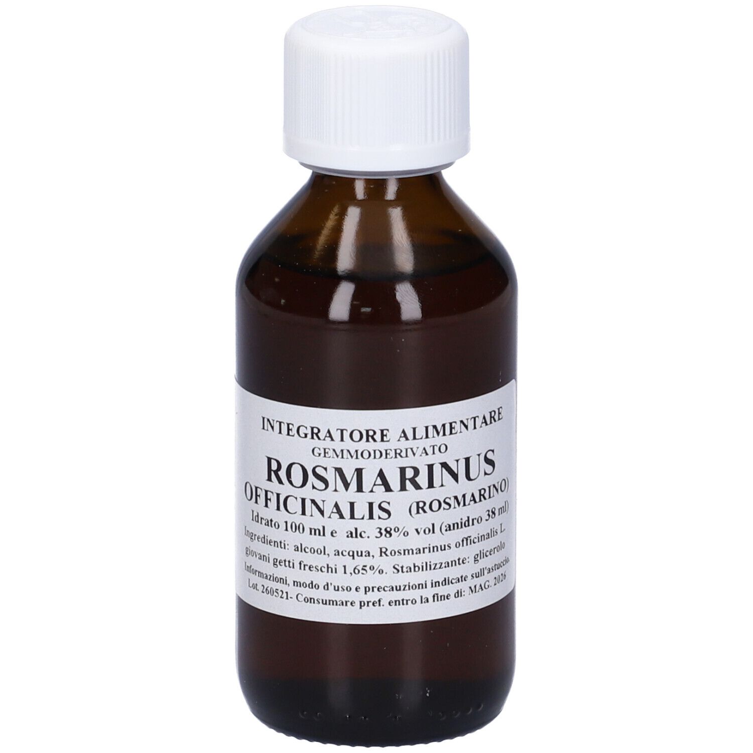 Flacone di vetro marrone con tappo bianco. Scritta: Integratore alimentare, Rosmarinus Officinalis (Rosmarino).