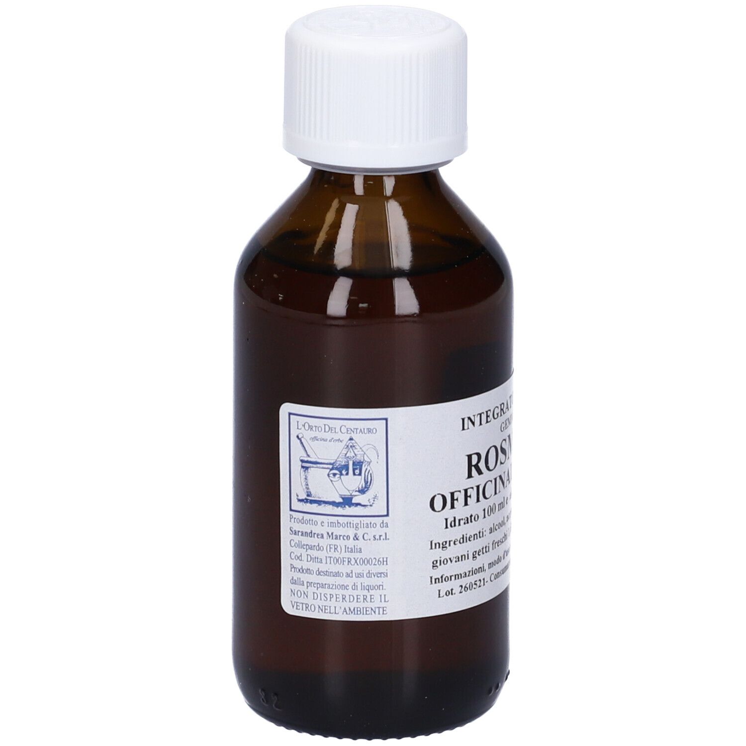Flacone di vetro marrone con tappo bianco. Scritta: Integratore alimentare, Rosmarinus Officinalis (Rosmarino).