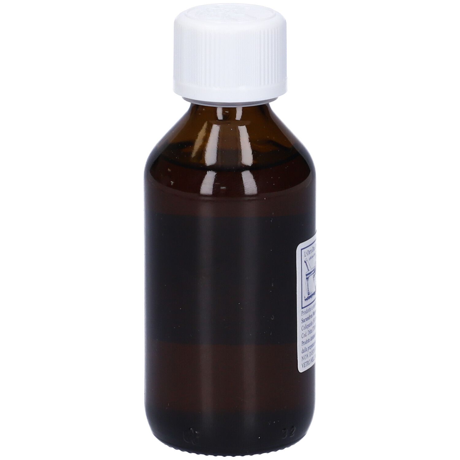 Flacone di vetro marrone con tappo bianco. Scritta: Integratore alimentare, Rosmarinus Officinalis (Rosmarino).