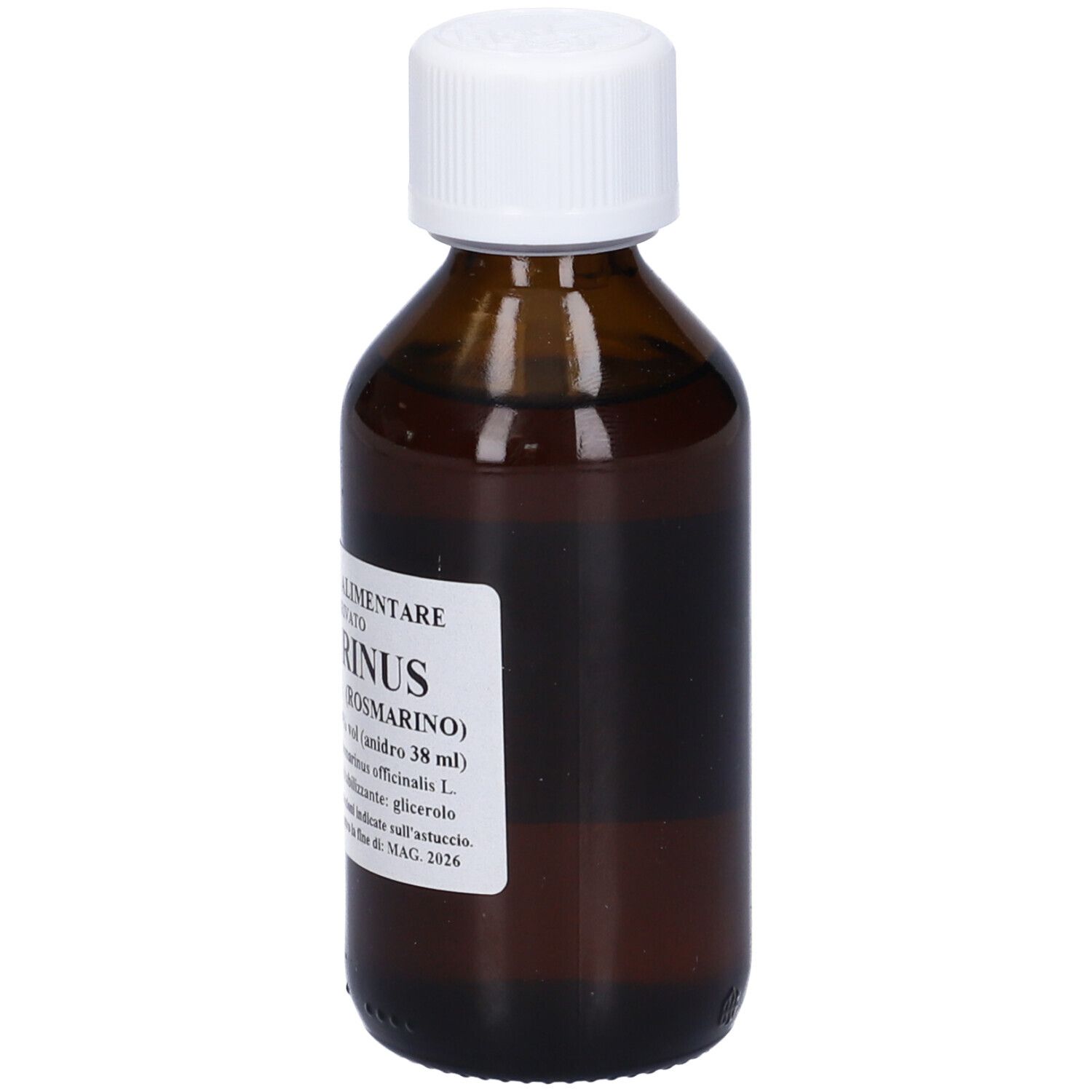 Flacone di vetro marrone con tappo bianco. Scritta: Integratore alimentare, Rosmarinus Officinalis (Rosmarino).