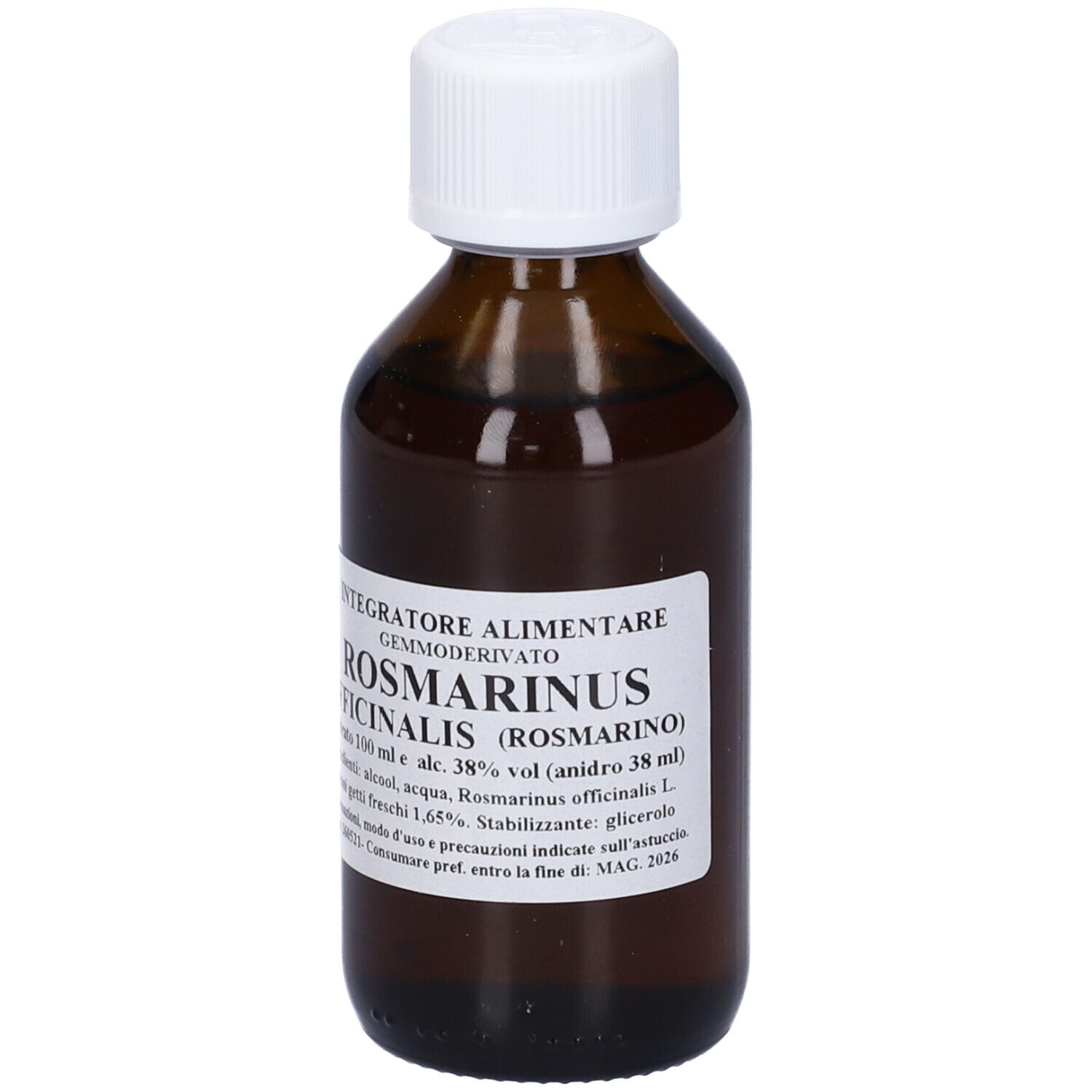 Flacone di vetro marrone con tappo bianco. Scritta: Integratore alimentare, Rosmarinus Officinalis (Rosmarino).