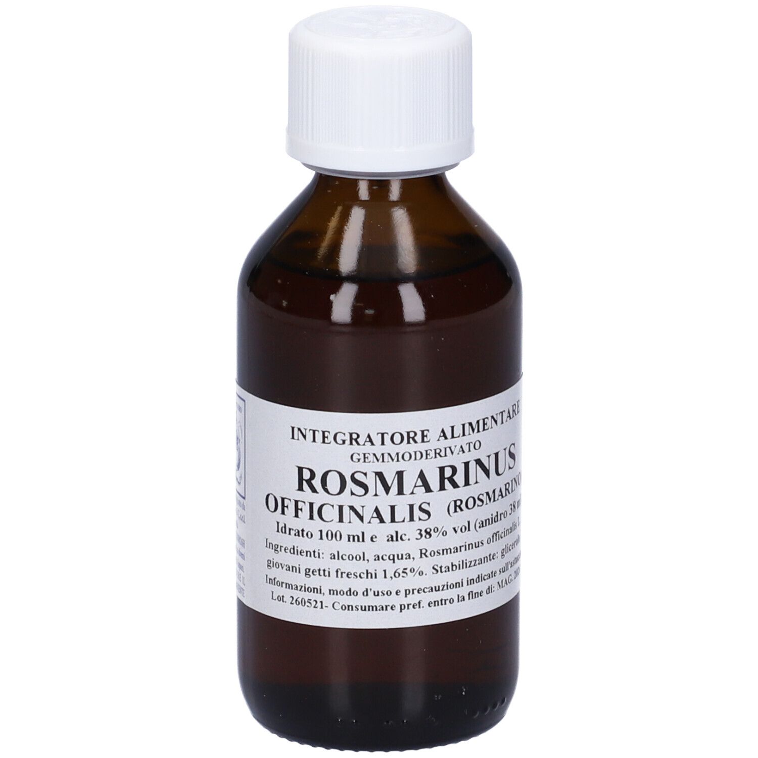 Flacone di vetro marrone con tappo bianco. Scritta: Integratore alimentare, Rosmarinus Officinalis (Rosmarino).