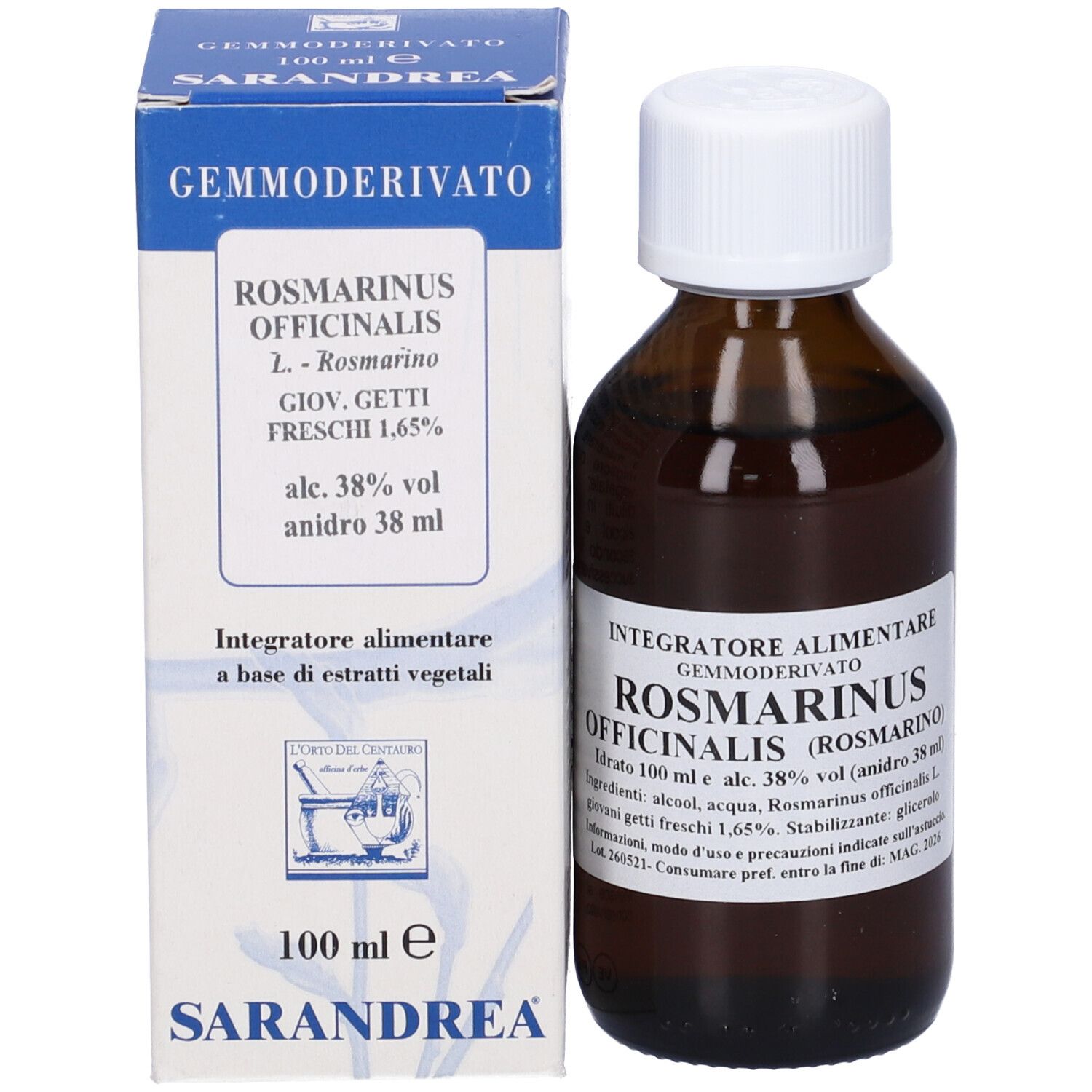 Flacone di vetro marrone con tappo bianco e confezione. Scritta: Rosmarinus Officinalis, 100 ml e, Sarandrea.