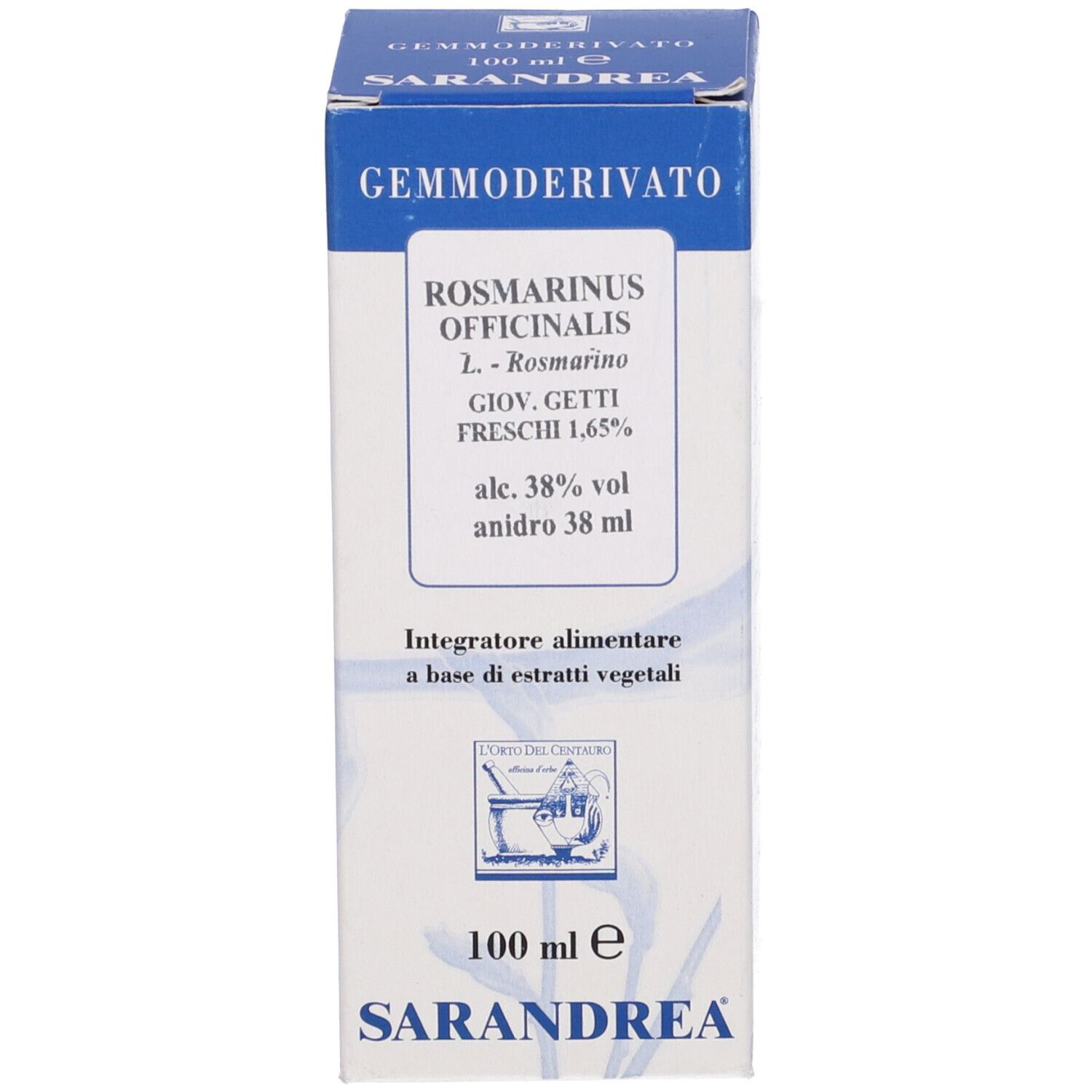 Confezione del prodotto. Scritta: Gemmoderivato, Rosmarinus Officinalis, 100 ml e, Sarandrea.