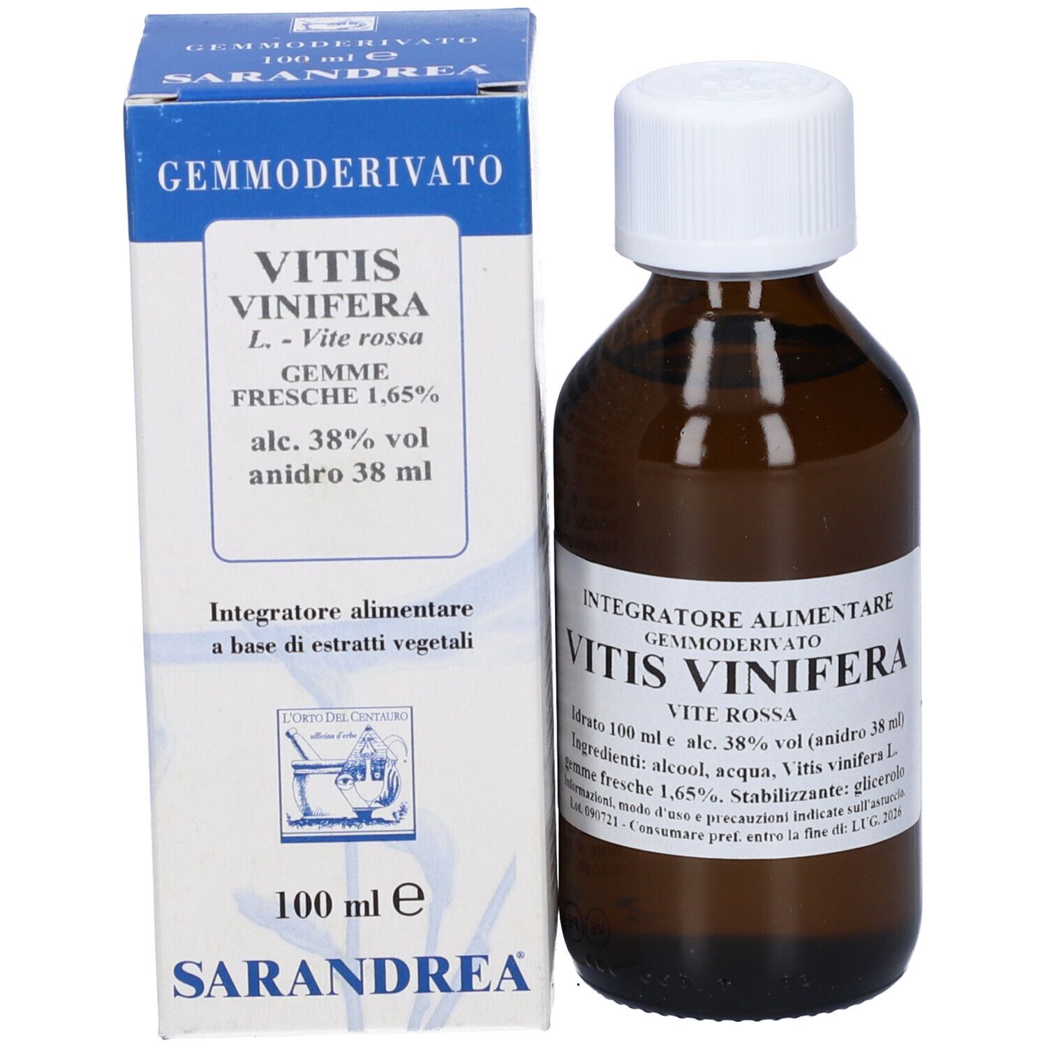 Flacone di vetro marrone con tappo bianco ed etichetta, accanto a una scatola. Sull'etichetta è scritto Vitis Vinifera.