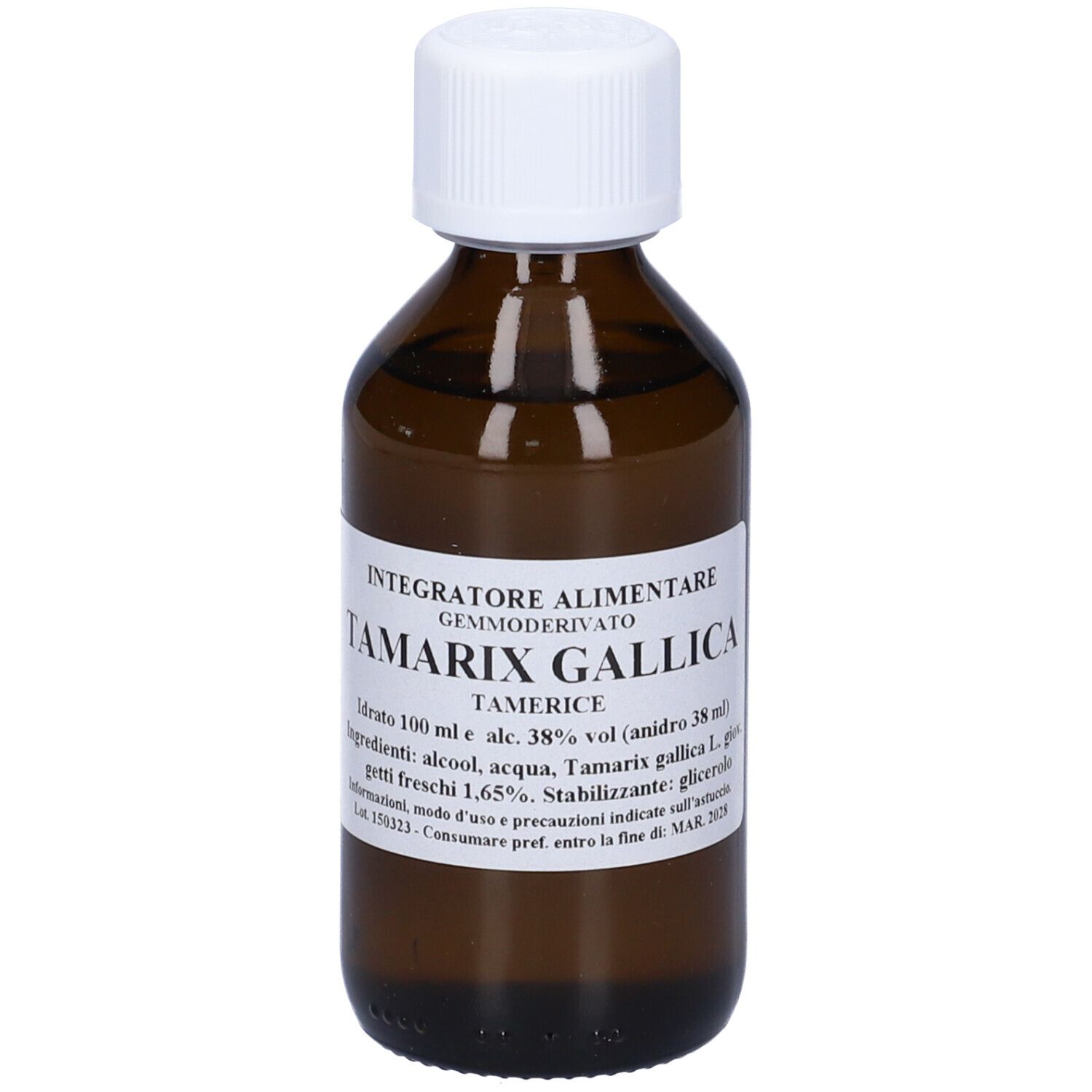 Flacone in vetro marrone con tappo bianco. Etichetta con testo: Integratore Alimentare, Tamarix Gallica, Tamerice.
