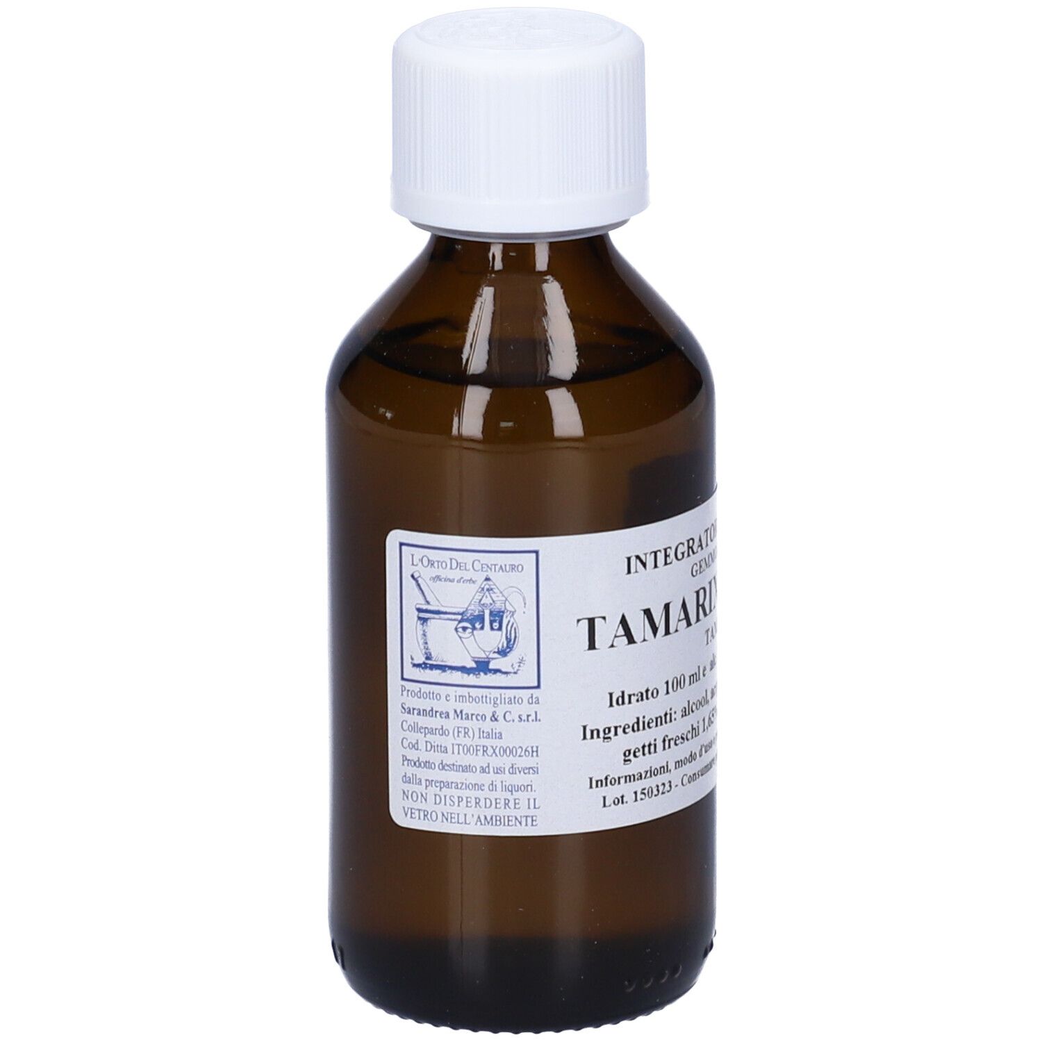 Flacone in vetro marrone con tappo bianco. Etichetta con testo: Integratore Alimentare, Tamarix Gallica, Tamerice.