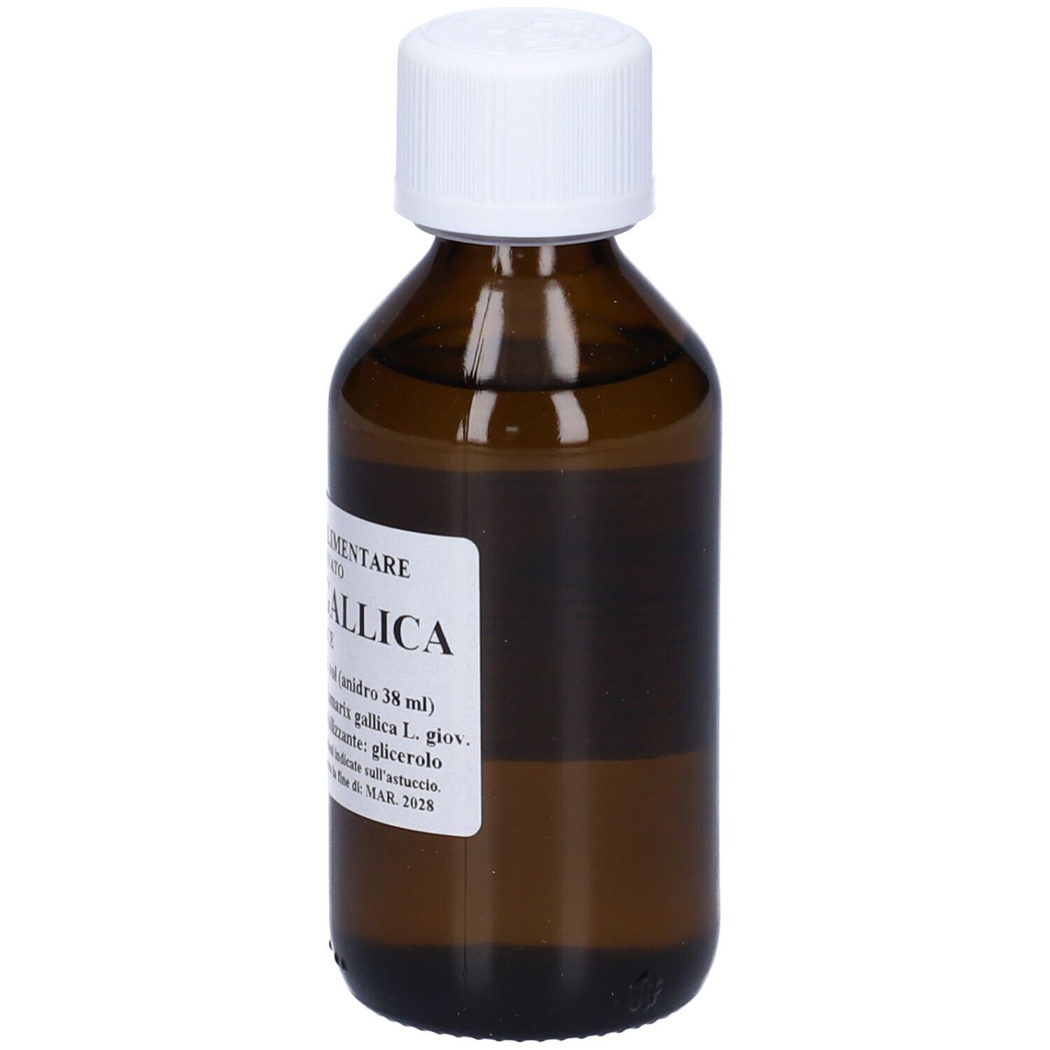 Flacone in vetro marrone con tappo bianco. Etichetta con testo: Integratore Alimentare, Tamarix Gallica, Tamerice.
