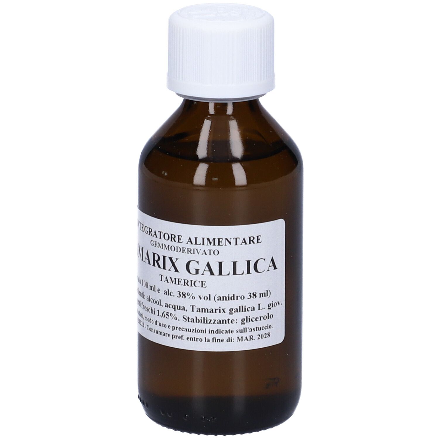 Flacone in vetro marrone con tappo bianco. Etichetta con testo: Integratore Alimentare, Tamarix Gallica, Tamerice.