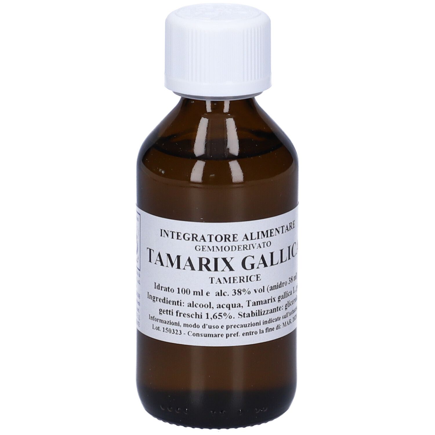 Flacone in vetro marrone con tappo bianco. Etichetta con testo: Integratore Alimentare, Tamarix Gallica, Tamerice.