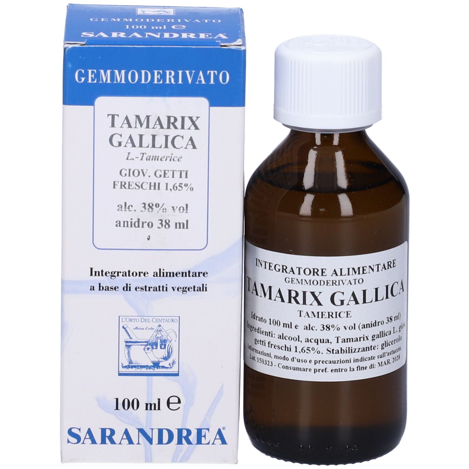 Flacone in vetro marrone e scatola. Scritta: Gemmoderivato, Sarandrea. Flacone con tappo bianco ed etichetta.