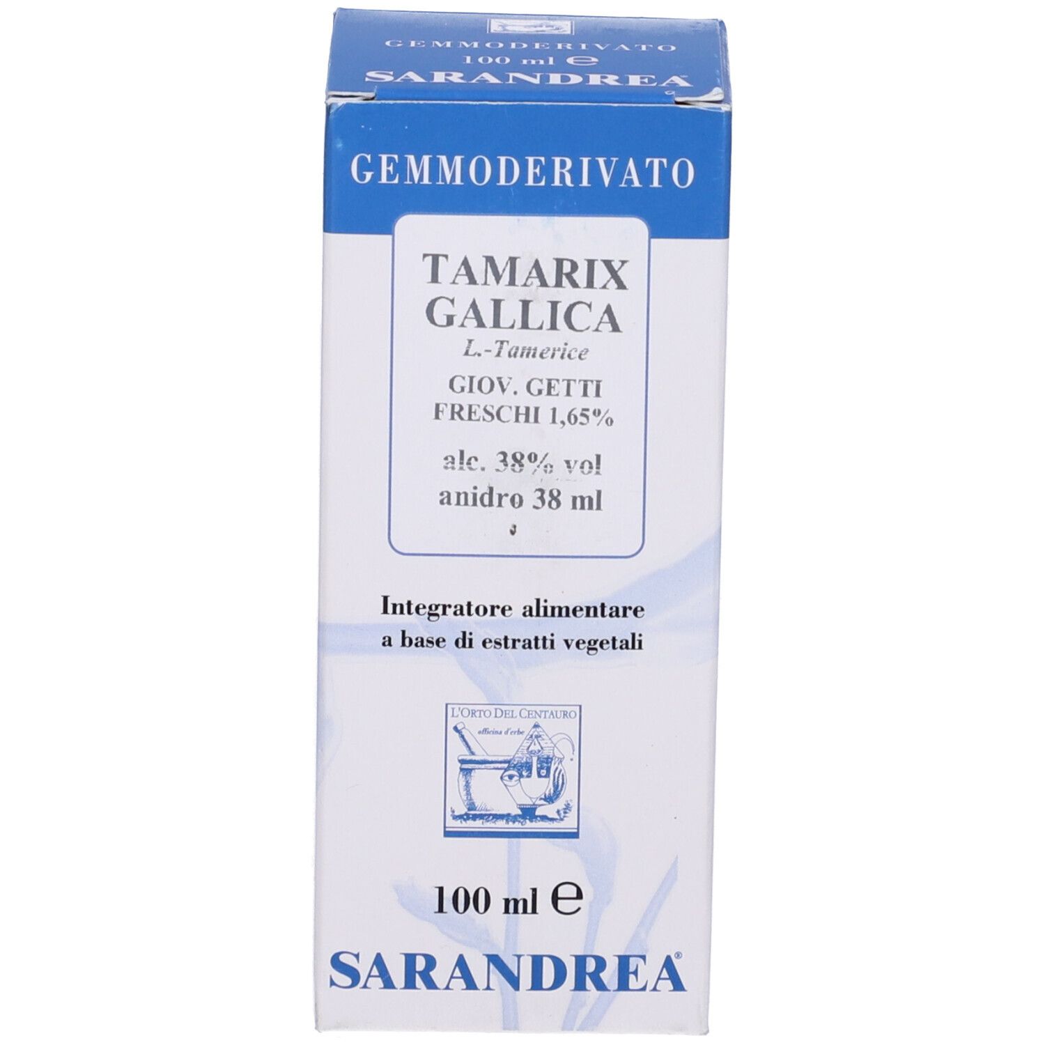 Scatola blu con testo bianco. Scritta: Gemmoderivato, Sarandrea, Tamarix Gallica. 100 ml.