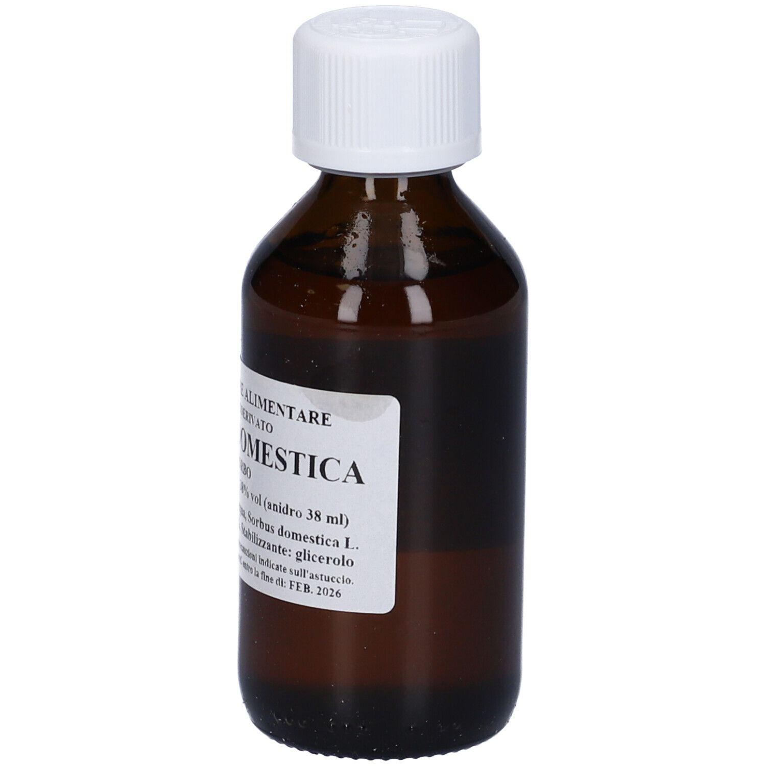 Flacone di vetro marrone con tappo bianco. Scritta: Domestica, Glicerolo.