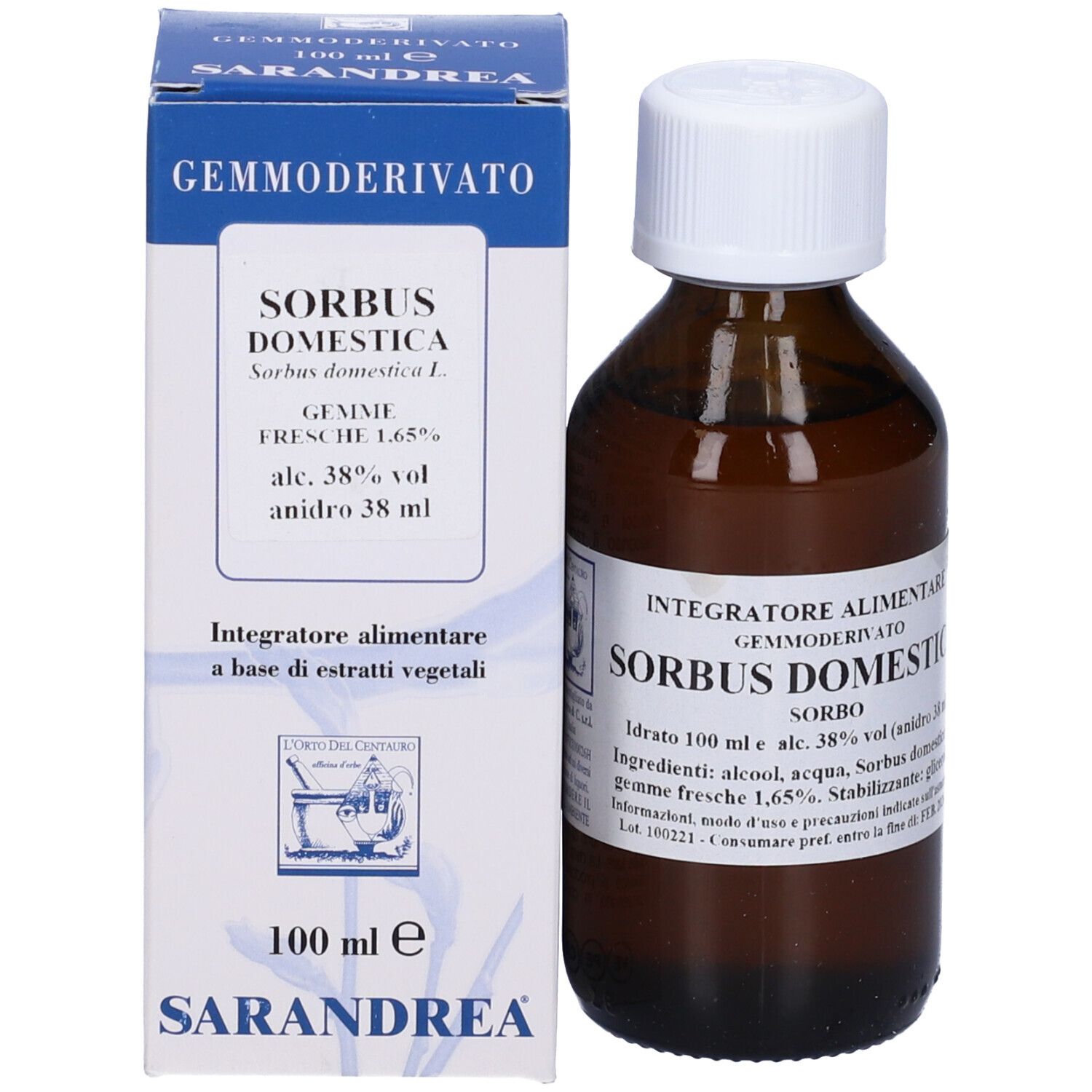 Flacone di vetro marrone con tappo bianco e scatola. Scritta: Sorbus Domestica, Sarandrea.