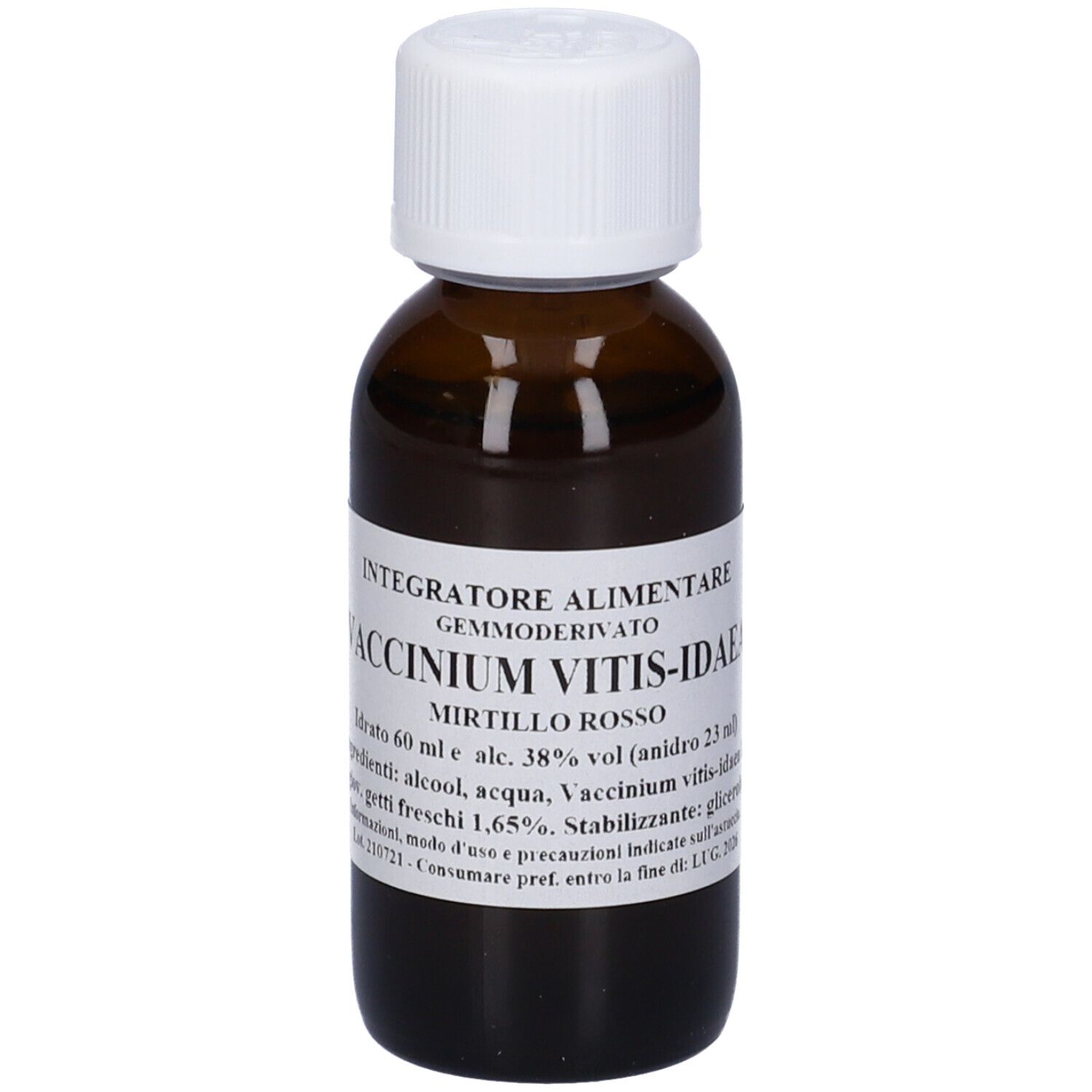 Flacone di vetro marrone con tappo bianco. Scritta: Vaccinium Vitis-Idaea, Mirtillo Rosso, 60 ml.