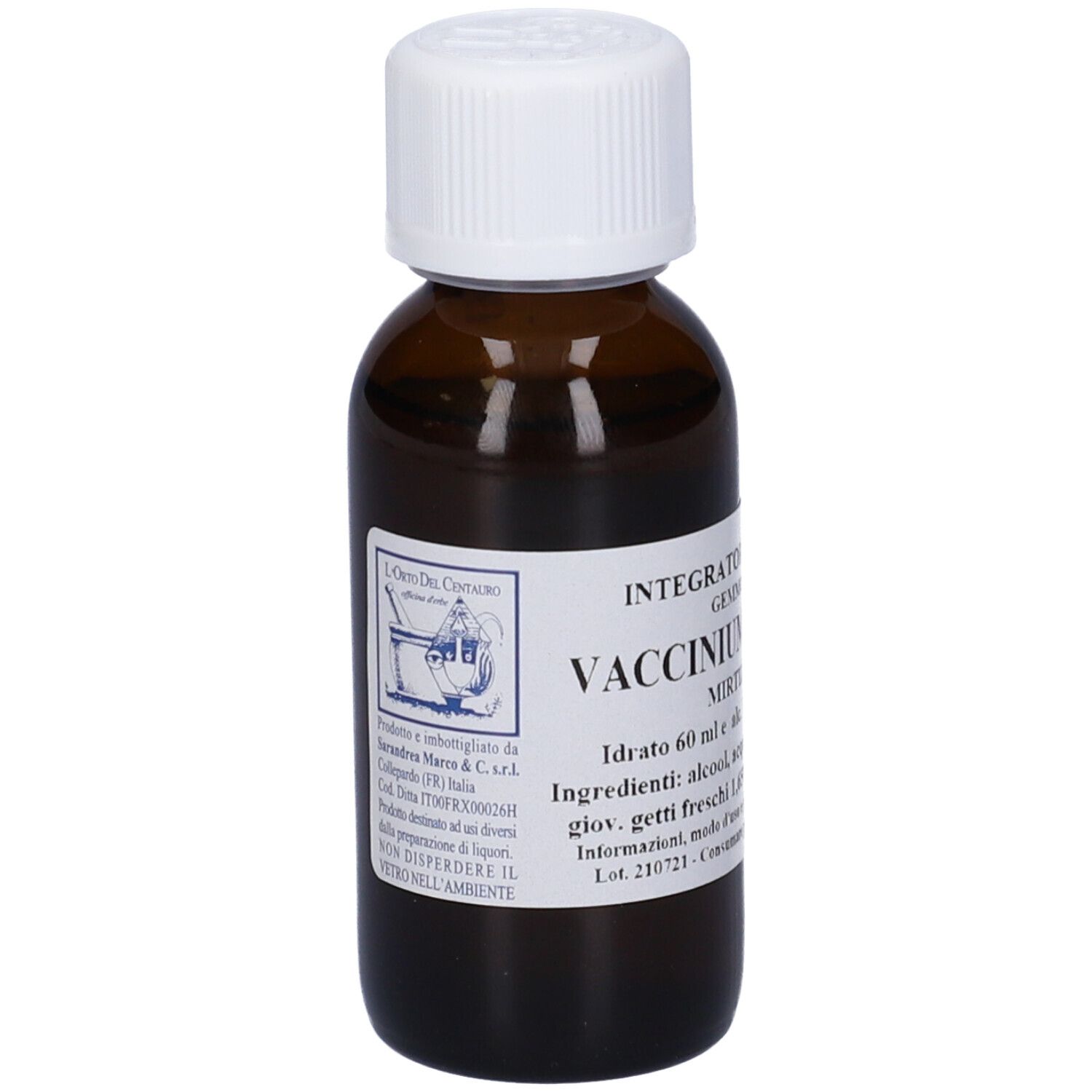 Flacone di vetro marrone con tappo bianco. Scritta: Vaccinium Vitis-Idaea, Mirtillo Rosso, 60 ml.