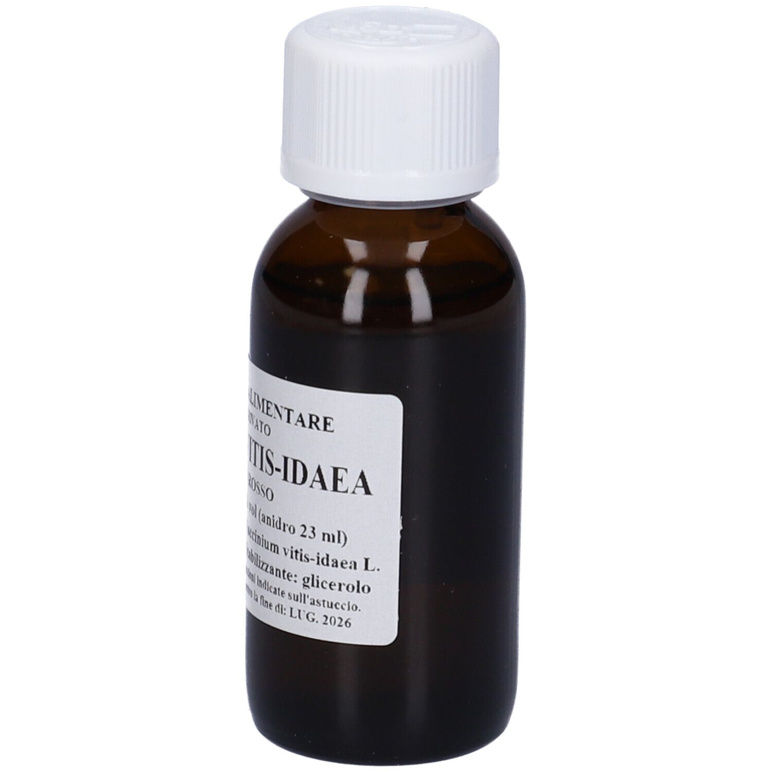 Flacone di vetro marrone con tappo bianco. Scritta: Vaccinium Vitis-Idaea, Mirtillo Rosso, 60 ml.