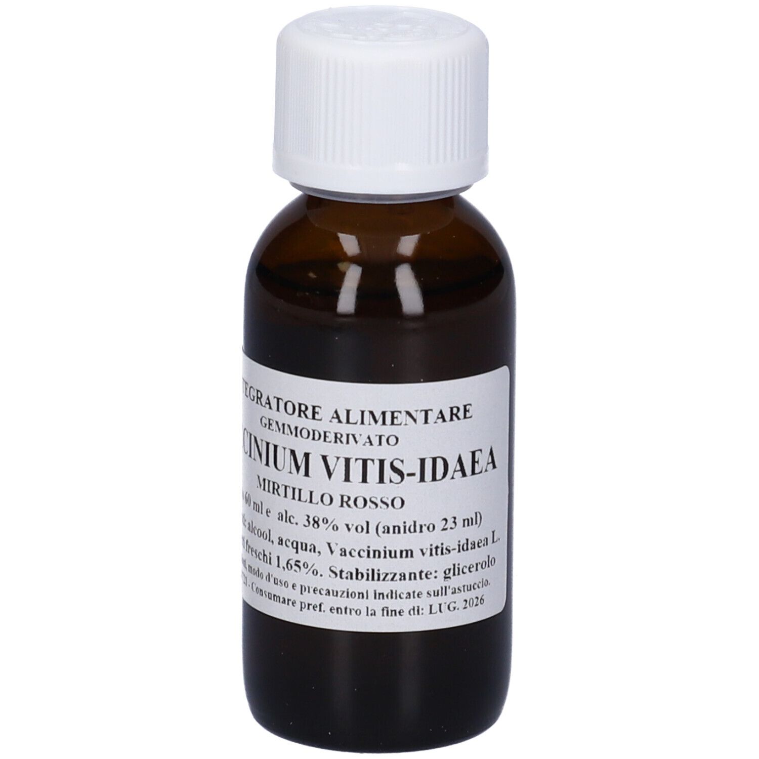 Flacone di vetro marrone con tappo bianco. Scritta: Vaccinium Vitis-Idaea, Mirtillo Rosso, 60 ml.