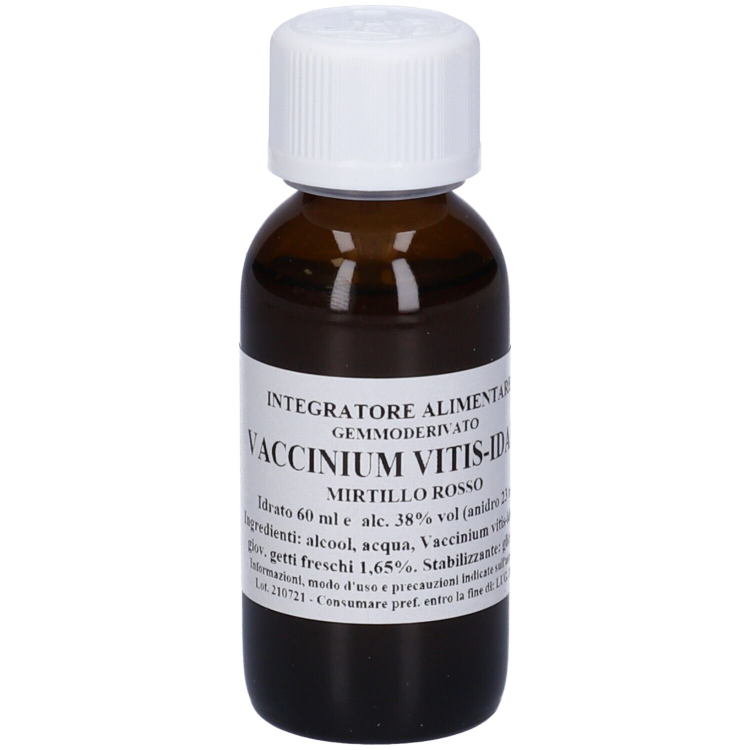 Flacone di vetro marrone con tappo bianco. Scritta: Vaccinium Vitis-Idaea, Mirtillo Rosso, 60 ml.