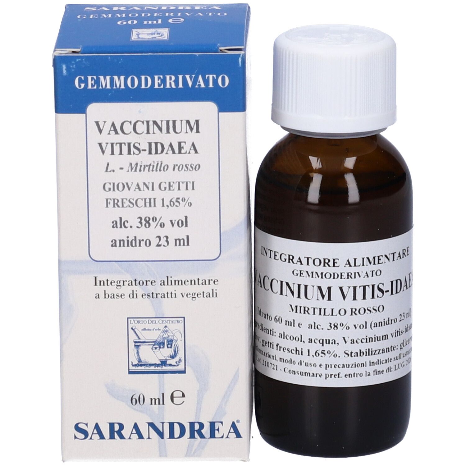 Flacone di vetro marrone, tappo bianco e scatola. Scritta: Vaccinium Vitis-Idaea, 60 ml, Sarandrea.