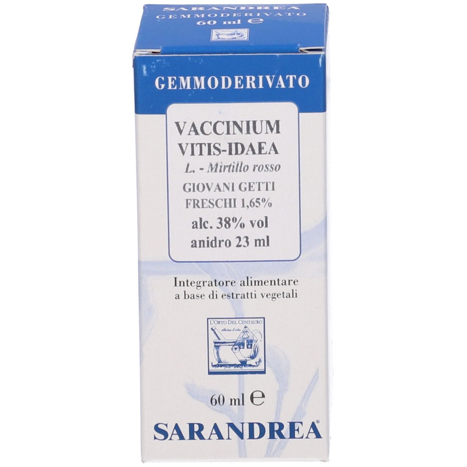 Scatola con scritta: Gemmoderivato, Vaccinium Vitis-Idaea, 60 ml, Sarandrea.