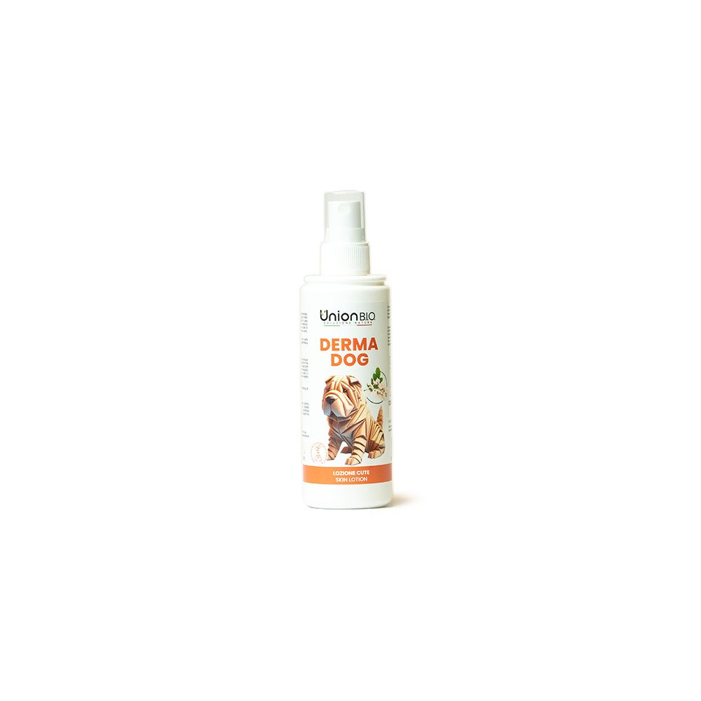 Zylindrische Flasche mit Sprühkopf. Etikett mit Produktname DERMA DOG und Abbildung eines Hundes. Marke Union Bio.