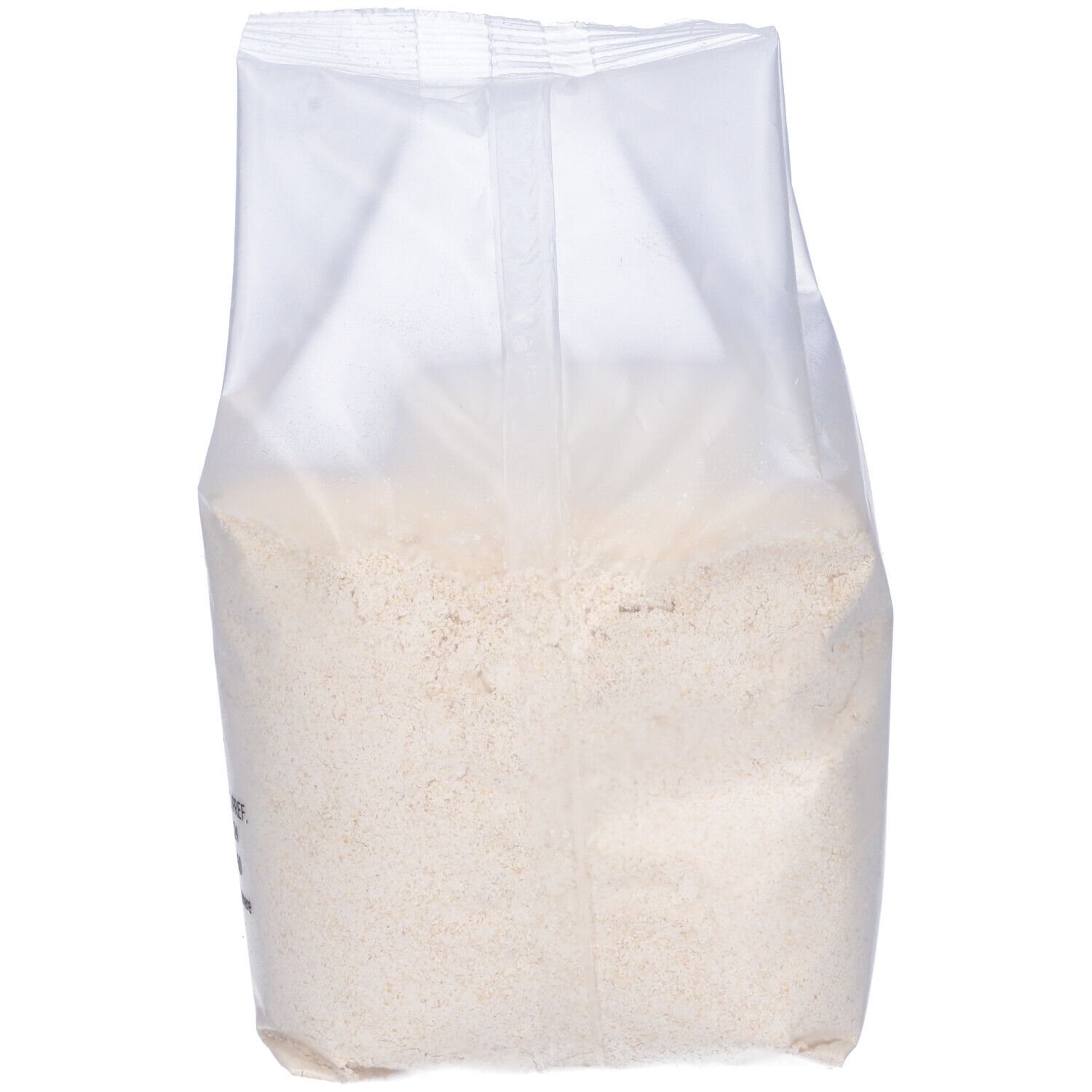 Confezione trasparente di farina integrale di avena. Vista posteriore del prodotto. Contenuto visibile.