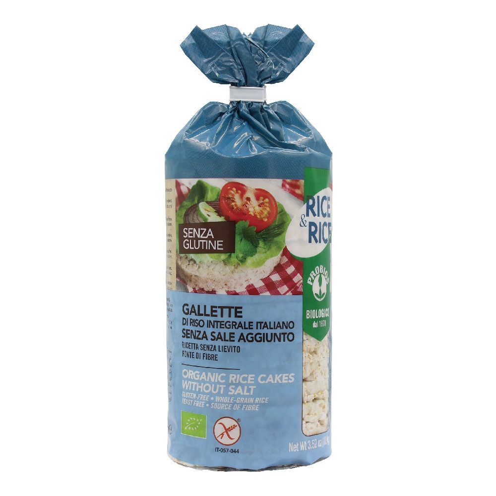 Confezione di gallette di riso. Scritte: "SENZA GLUTINE", "GALLETTE", "SENZA SALE AGGIUNTO", "ORGANIC RICE CAKES WITHOUT SALT".