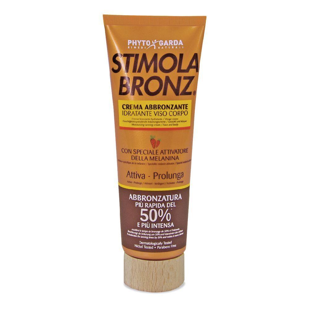 Tubo Stimola Bronz. Scritto: crema idratante viso corpo. Base color legno.
