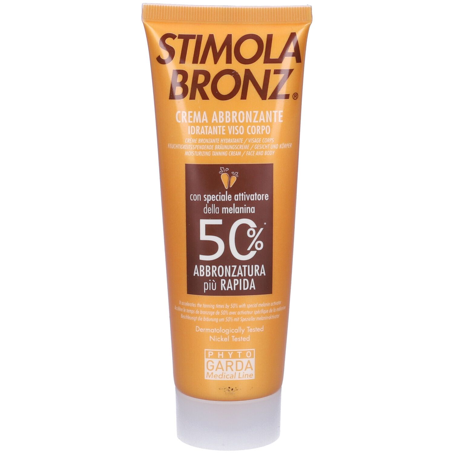 Tubo Stimola Bronz. Scritto: crema idratante viso corpo. Abbronzatura più rapida del 50%.