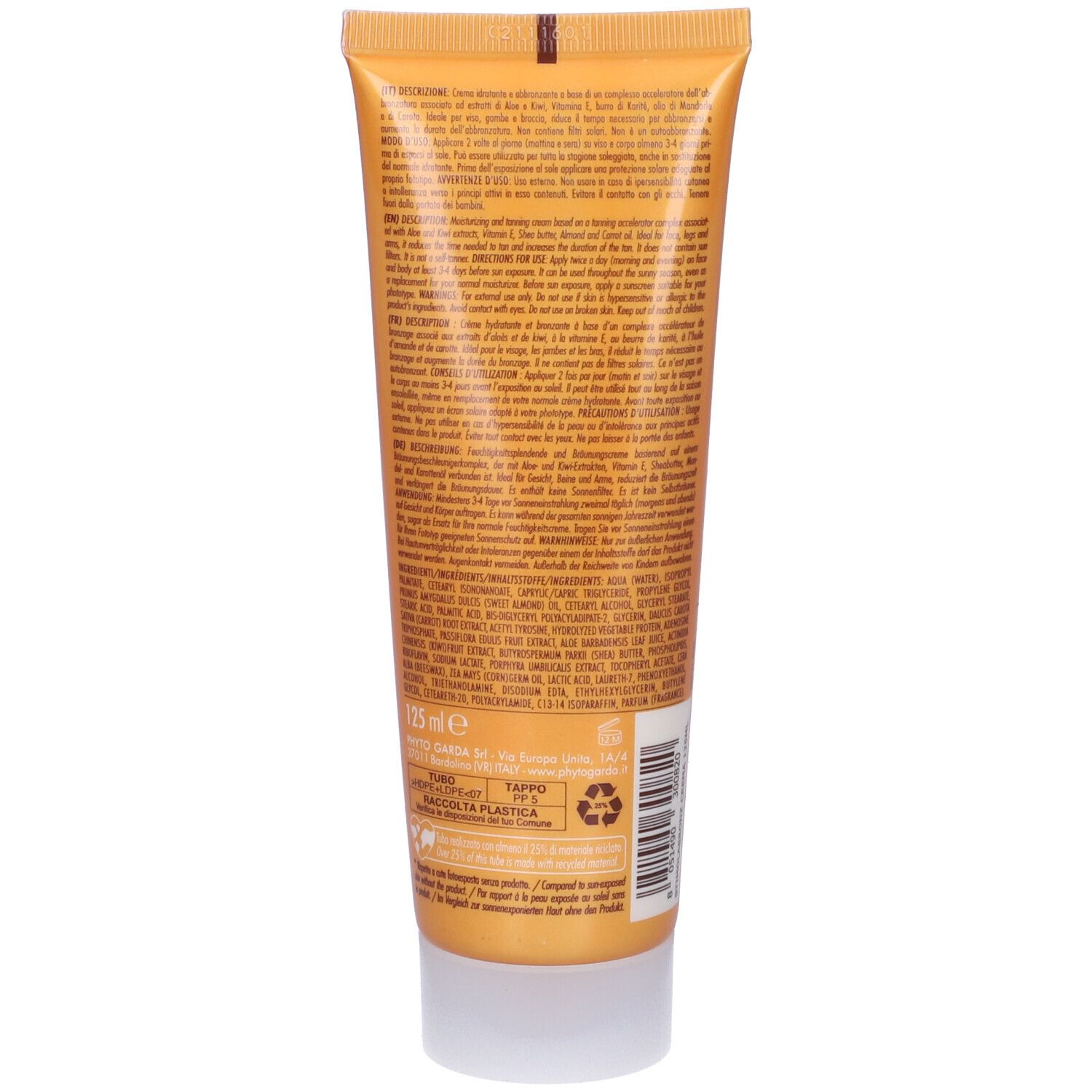Retro del tubo Stimola Bronz. Testo multilingue. Simbolo di riciclaggio.