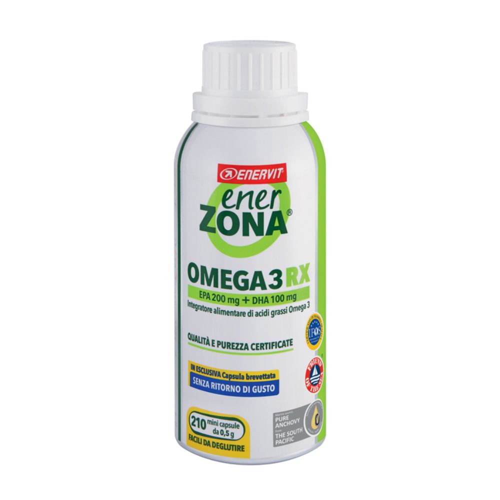 Flacone EnerZona Omega 3 RX. Contiene 210 mini capsule. EPA 200mg + DHA 100mg. Certificato. Senza retrogusto.