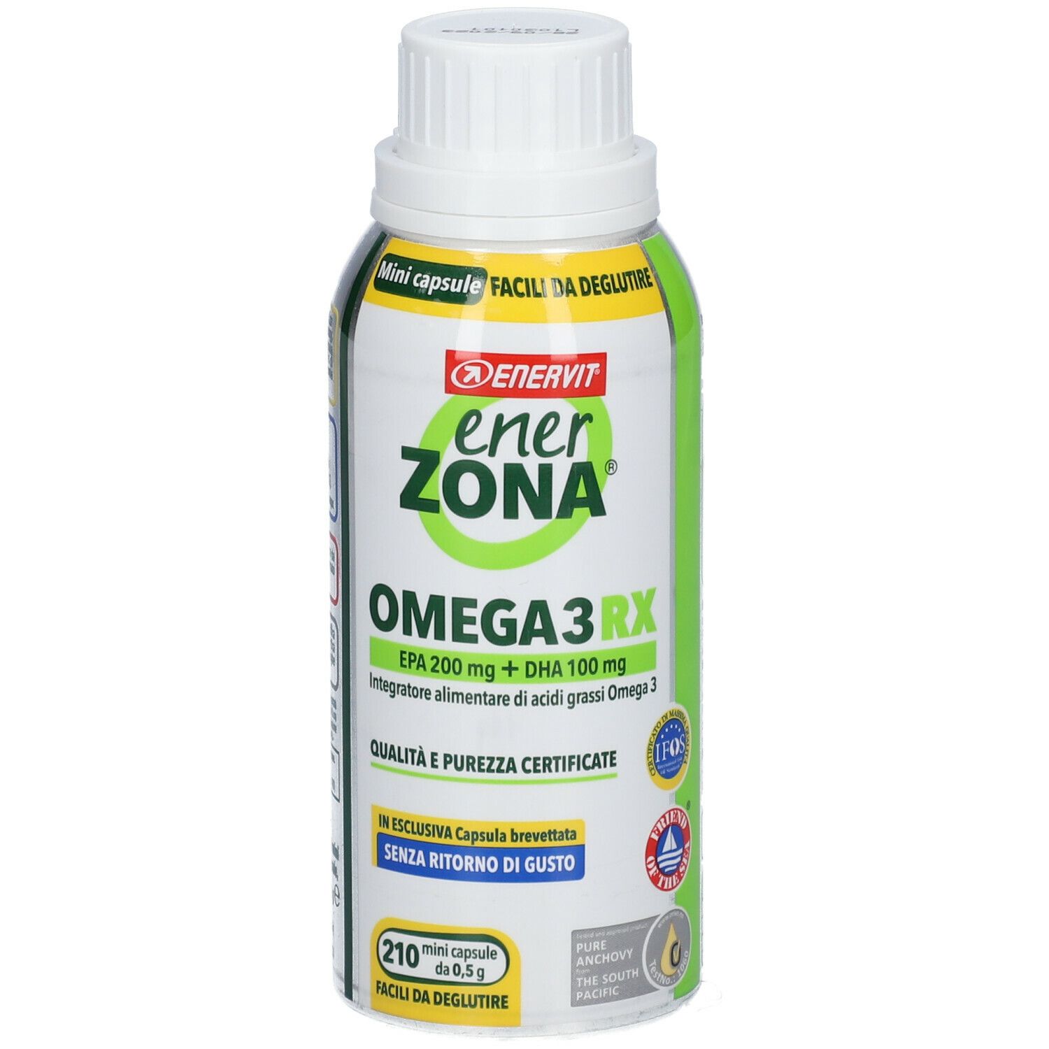 Flacone EnerZona Omega 3 RX. Contiene 210 mini capsule. EPA 200mg + DHA 100mg. Certificato. Senza retrogusto.