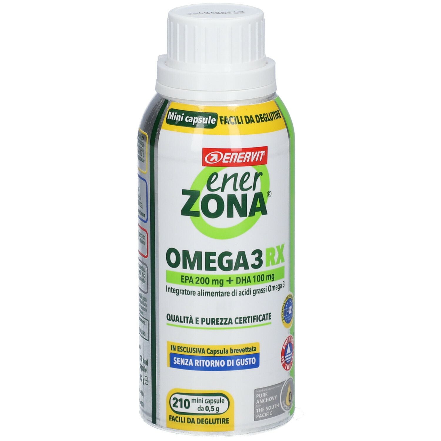 Flacone EnerZona Omega 3 RX. Contiene 210 mini capsule. EPA 200mg + DHA 100mg. Certificato. Senza retrogusto.