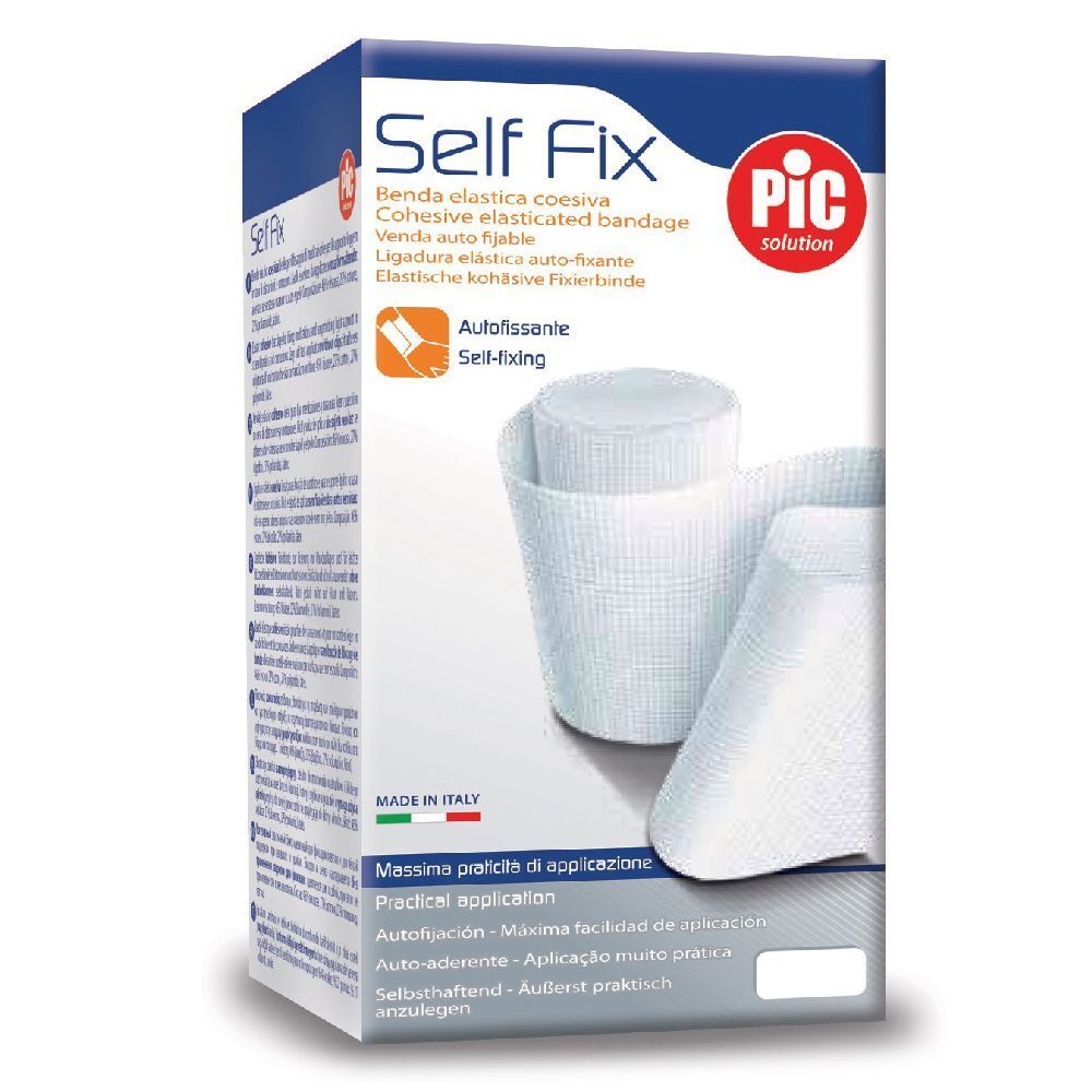 Confezione di benda coesiva. Scritta 'Self Fix' e 'PIC solution'. Benda bianca arrotolata. Made in Italy.